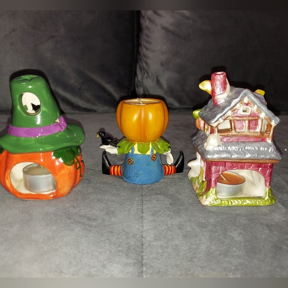 NIB TEA LIGHT HALLOWEEN CANDLE HOLDERS CERAMIC HAND-CRAFTED BUNDLE & CANDY BOWL - Picture 4 of 16